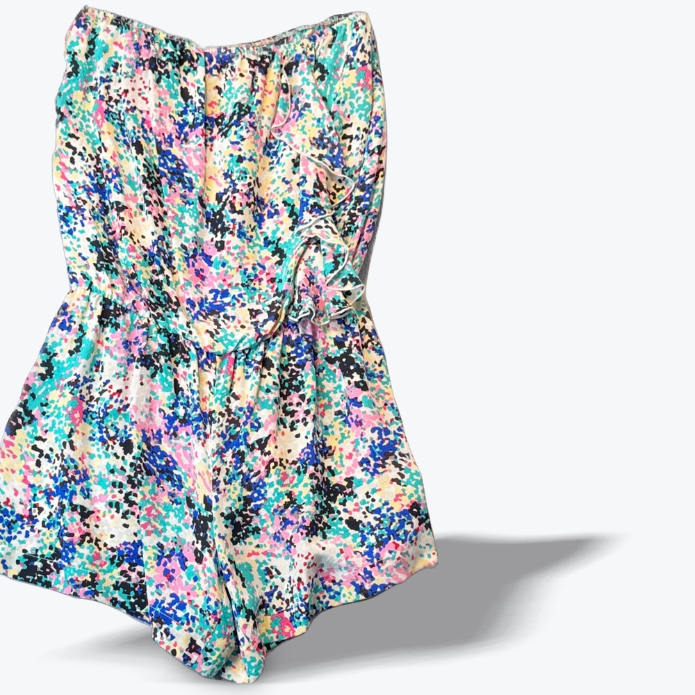 Karina Grimaldi Strapless Romper Silk Vibrant Abstract Confetti Ruffle Boho XS‎